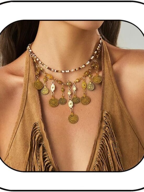 Jewelry - Boho Coin Charm Necklace for Women Layered Gold Coin Beaded Pendant Necklace Pir